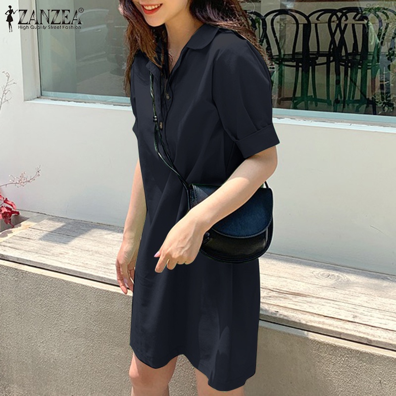 Đầm Zanzea tay ngắn cổ bẻ phong cách Hàn Quốc thời trang cho nữ