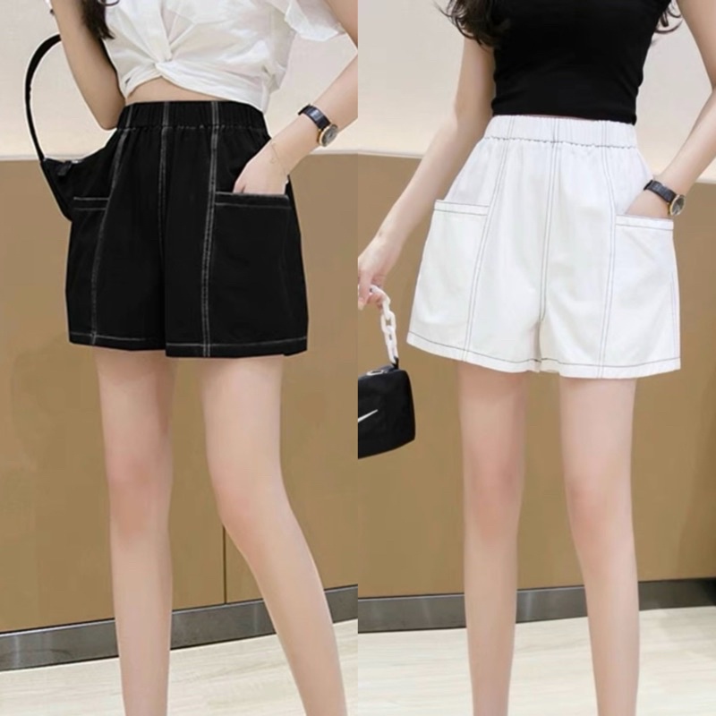 Quần short nữ cạp chun chỉ nổi quần đùi nữ ống rộng