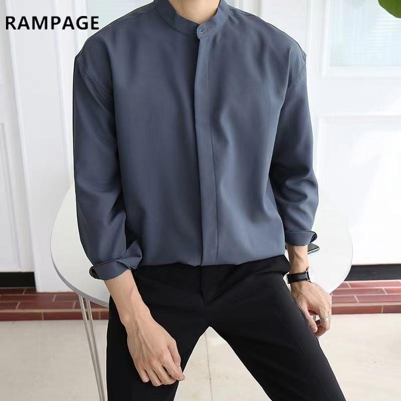 Rampage Áo Sơ Mi Lụa Lạnh Cao Cấp Tay Dài Cổ Đứng Màu Xanh Dương Đậm Phong Cách Hàn Quốc Cho Nam