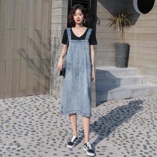 ❤Guoguojia❤ 2020 Váy Mùa Hè Rời Giảm Tuổi Denim Dây Đeo Váy Giữa Chiều Dài Tất Cả Trận Đấu Cổ Điển Thời Trang Đầm Sling Nữ Denim Trượt Tuyết