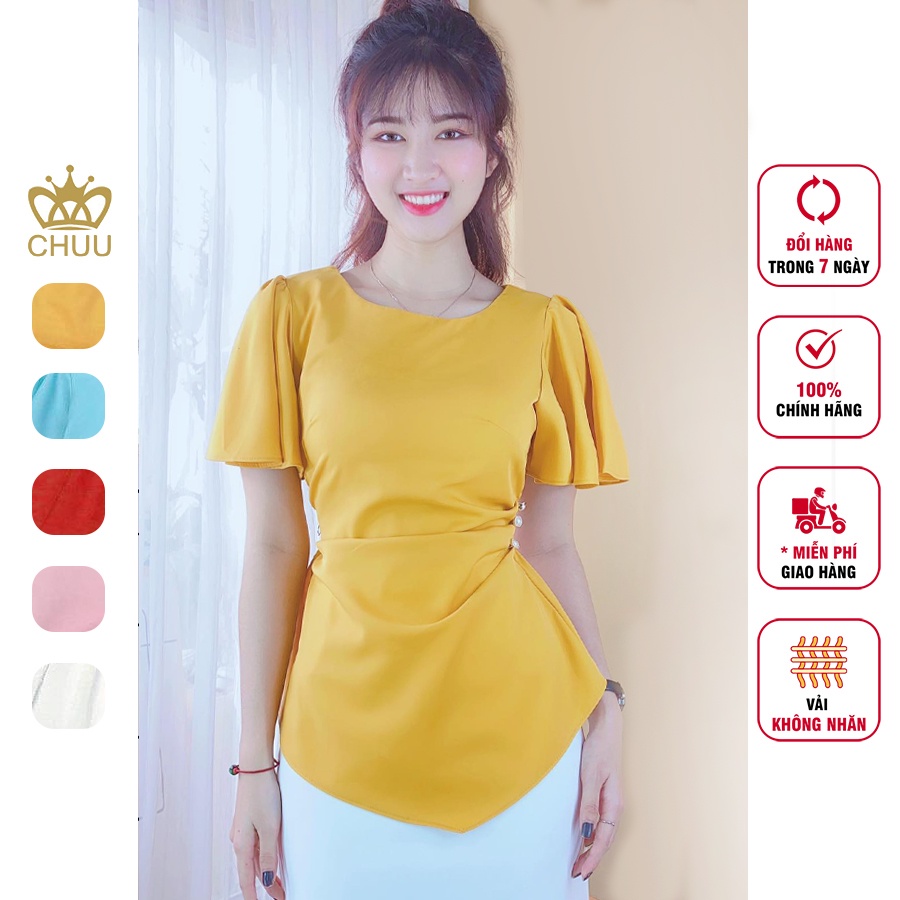 Áo kiểu công sở nữ che bụng xếp eo đính nút ngọc vạt nhọn tay phồng CHUU A5686