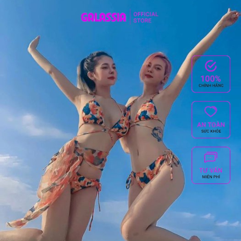 Bikini đồ bơi nữ 2 mảnh 3 món họa tiết hoa cam sexy kèm khăn cao cấp GALASSIA