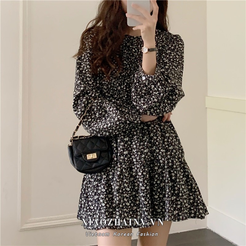 Đầm mini tay dài dáng rộng in họa tiết hoa phong cách Hàn Quốc thời trang sang trọng cho nữ Xiaozhainv