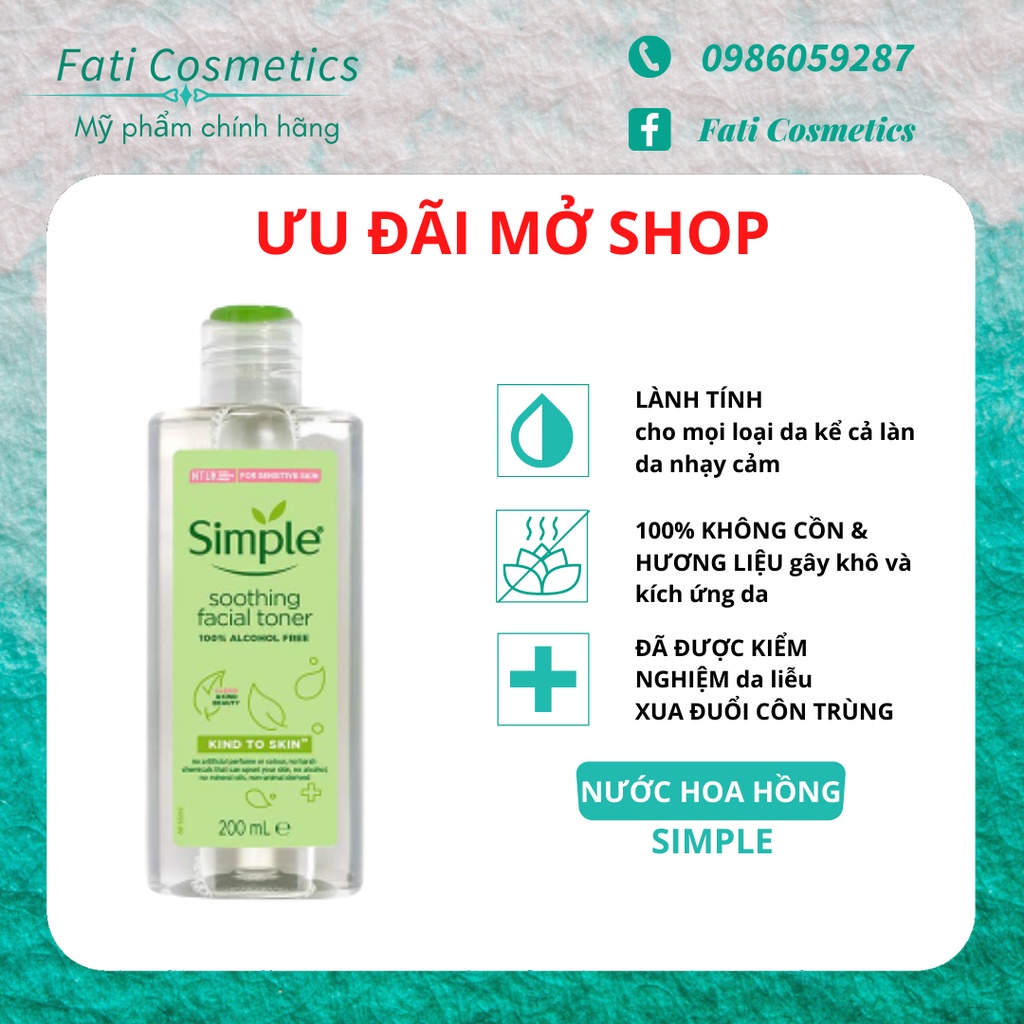 Nước hoa hồng Simple Toner làm dịu và cân bằng độ ẩm cho da - lành tính không chứa cồn 200ml - Fati Cosmetics