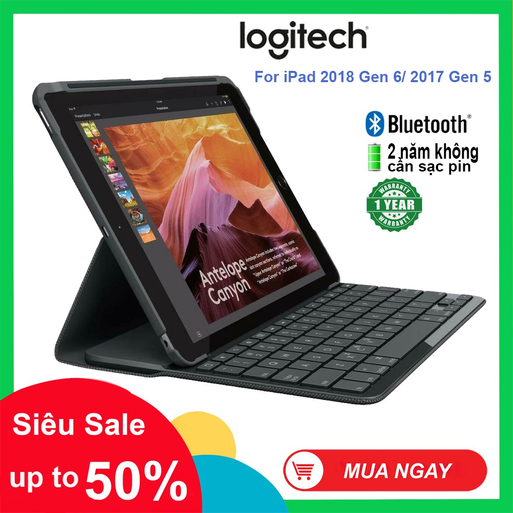 Bàn phím bao da bluetooth Logitech Slim Folio cho iPad Gen 5 2017, Gen 6 2018 2 năm không cần sạc pin