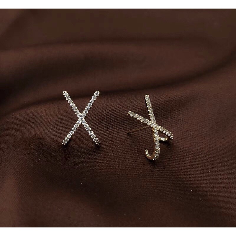 Khuyên tai X chéo nạm đá nhỏ bạc ta NGỌC MẬU vô cực