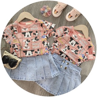Set áo Mickey hồng chân váy jeans bé gái