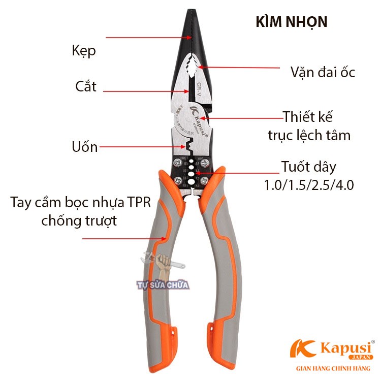 Kìm điện – kìm cắt - nhọn kìm đa năng chính hãng Nhật Kapusi JAPAN thép CR-V cao cấp, hàng loại xịn