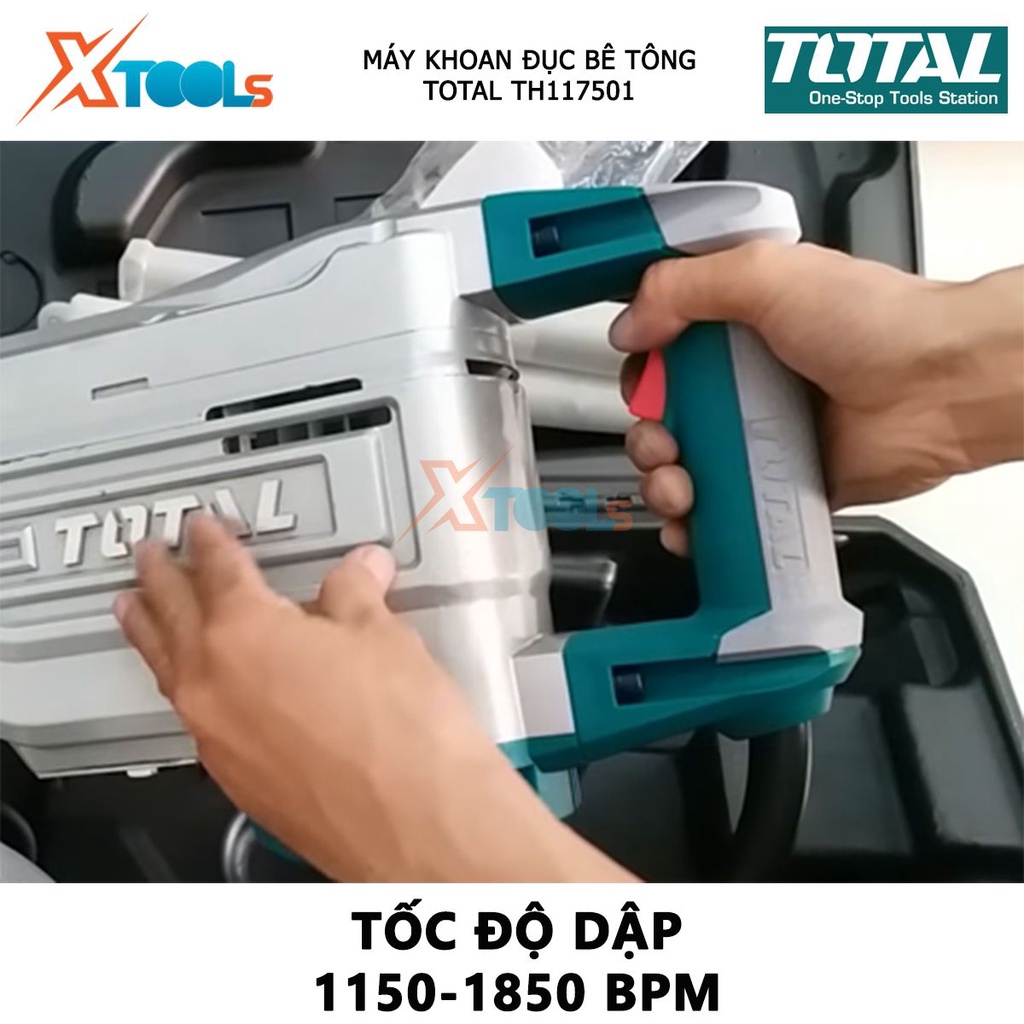 Máy khoan búa cầm tay 1700w Total TH117501 chức năng đục và búa, tốc độ 200-340rpm; tốc độ đập 1150-1850bpm; lực đập 27j