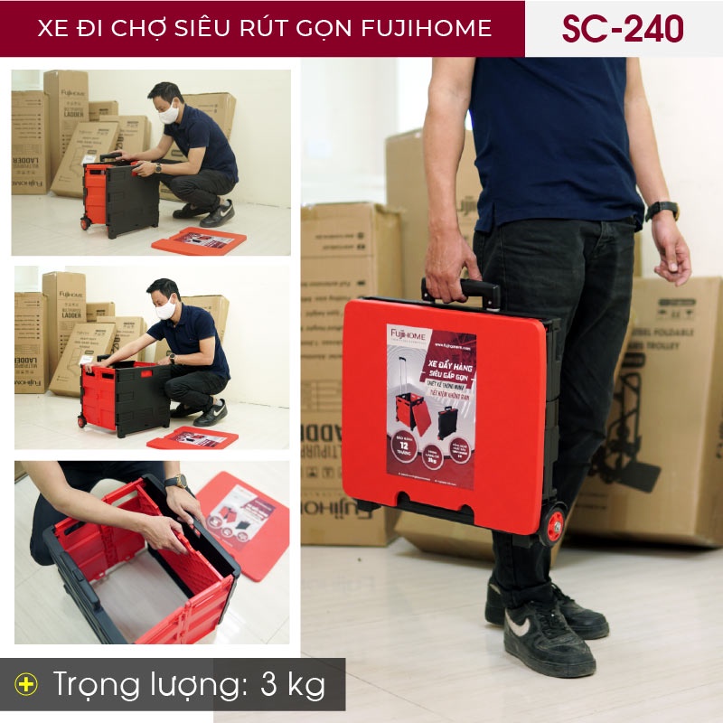 Xe đẩy hàng gấp gọn đi chợ siêu thị mini 2 bánh FUJIHOME SC-240, Chính hãng bảo hành 1 năm