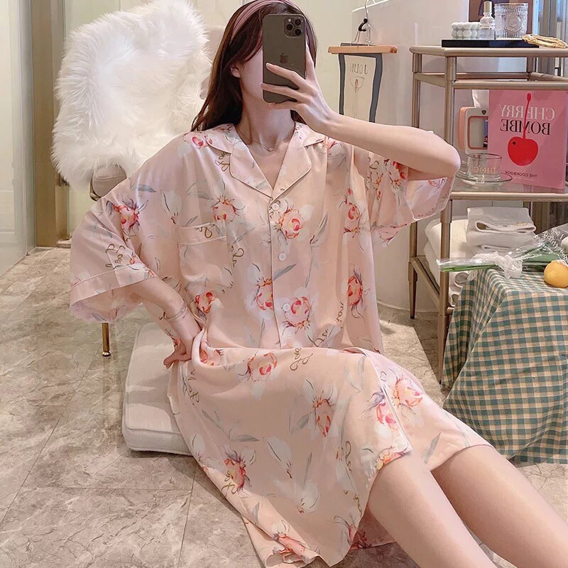 Váy Pijama Lanh Lụa Tay Lỡ Siêu Mát ( Bầu To Mặc Được) Hàng Nhập Quảng Châu