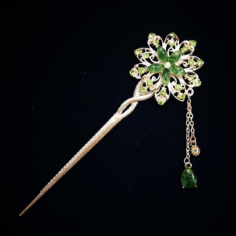 Trâm cài tóc đính đá họa tiết hoa tròn tua rua vintage