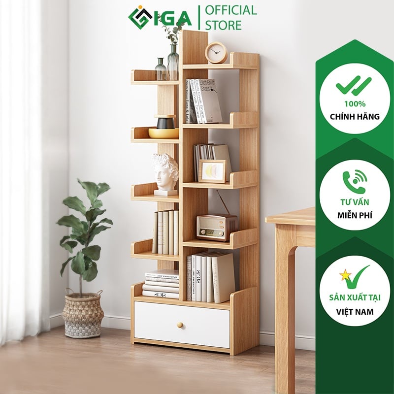Giá sách hình cây thương hiệu IGA có hộc đựng đồ, kệ sách gỗ phong cách Nordic - GP171