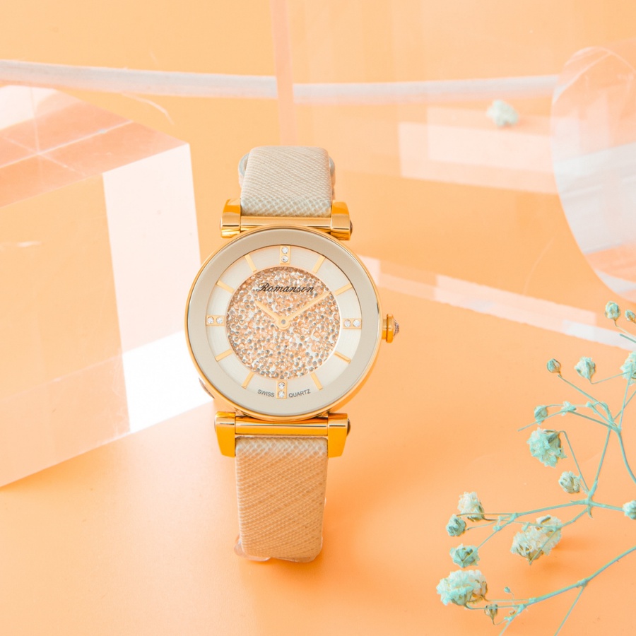 Đồng hồ Romanson Watch RL6A29LGGD mặt nhỏ đính đá máy Thụy Sĩ kính chống xước dây da cao cấp chính hãng