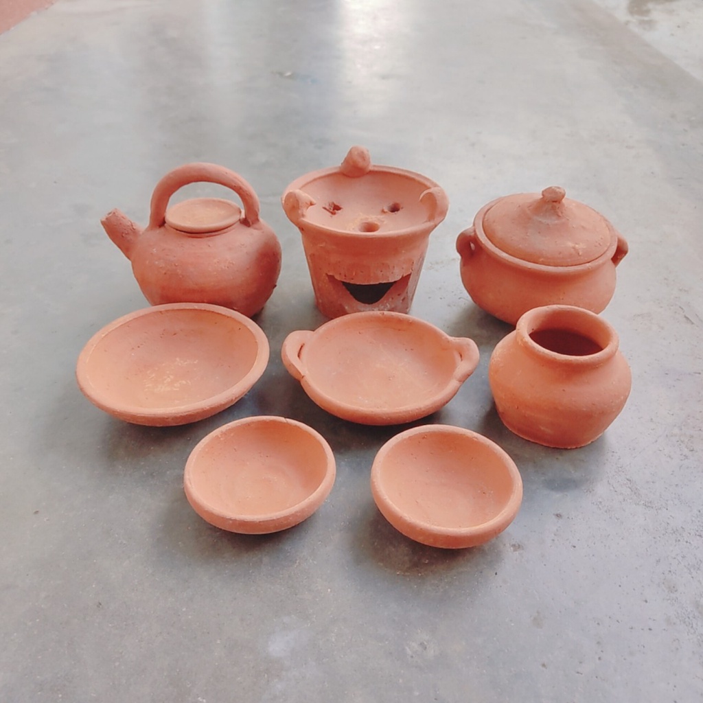 Bộ đồ chơi nấu ăn trẻ em, đồ hàng nấu ăn bằng đất nung set 8 món mini, hàng thủ công xứ Nẫu Bình Định an toàn cho bé