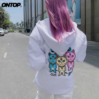 Áo khoác dù nữ form rộng 2 lớp có mũ màu trắng ONTOP - Cute Squad