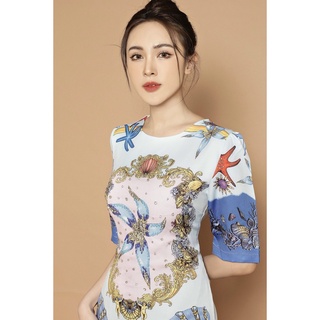 Hàng qc - đầm suông lụa gấm sao biển đính đá siêu sang - dt176