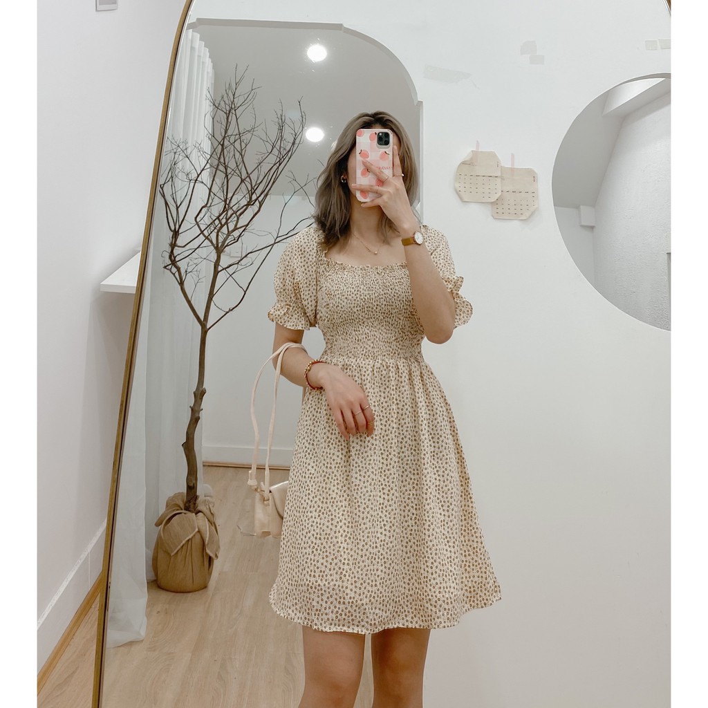 Váy xòe hoa nhí dáng trễ vai và ngực vuông Ảnh thật Thời trang nữ Reouts | BigBuy360 - bigbuy360.vn