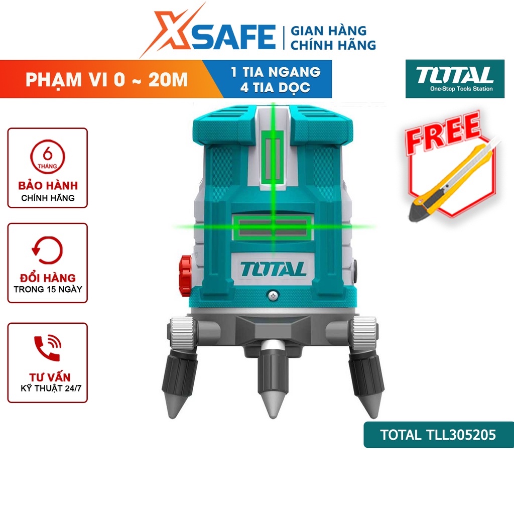 Máy đo mức cân bằng lade TOTAL TLL305205 tia xanh, phạm vi làm việc 0~20m, thước ke góc 1 tia ngang, 4 tia dọc