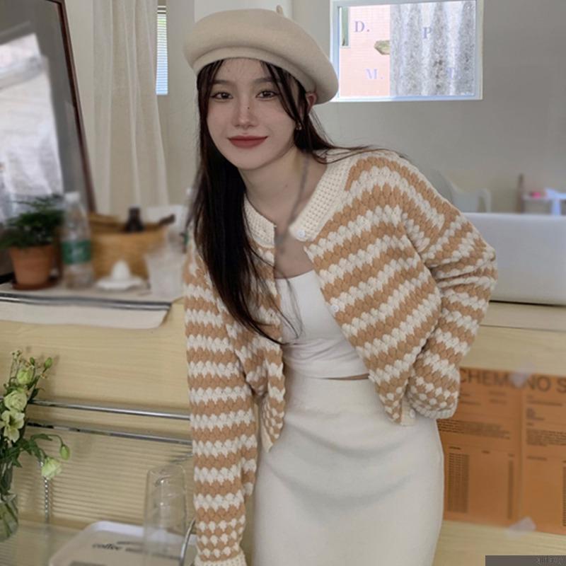 Áo khoác cardigan dệt kim cổ tròn dáng rộng họa tiết kẻ sọc phong cách Hàn Quốc cho nữ