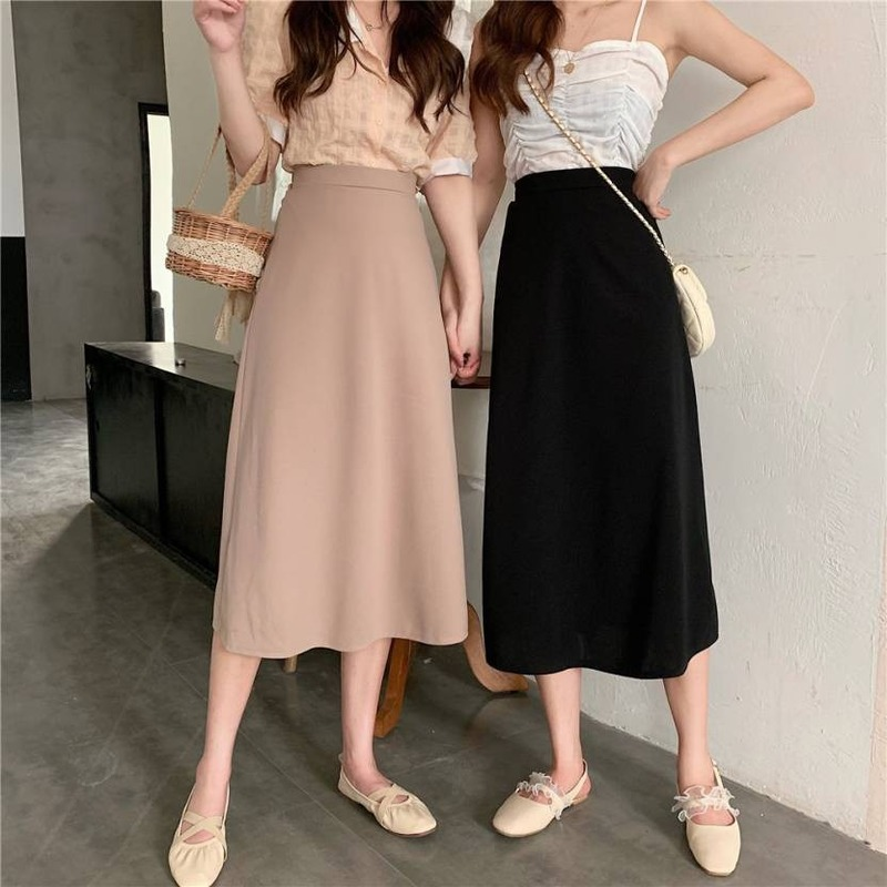 CCVN Chân váy lưng cao đen thời trang phong cách dáng rộng Hàn Quốc nữ chân váy chữ a dài tính màu trơn công sở