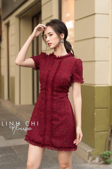 [gom order]Váy dạ tweed kim tuyến đỏ đô có lót
