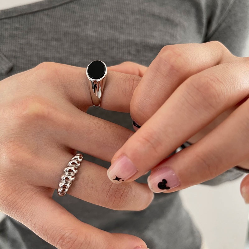 Nhẫn Hở Đính Đá Đen / Bạc Hình Oval Điều Chỉnh Được Phong Cách Hip Hop Cổ Điển Thời Trang Cho Nữ