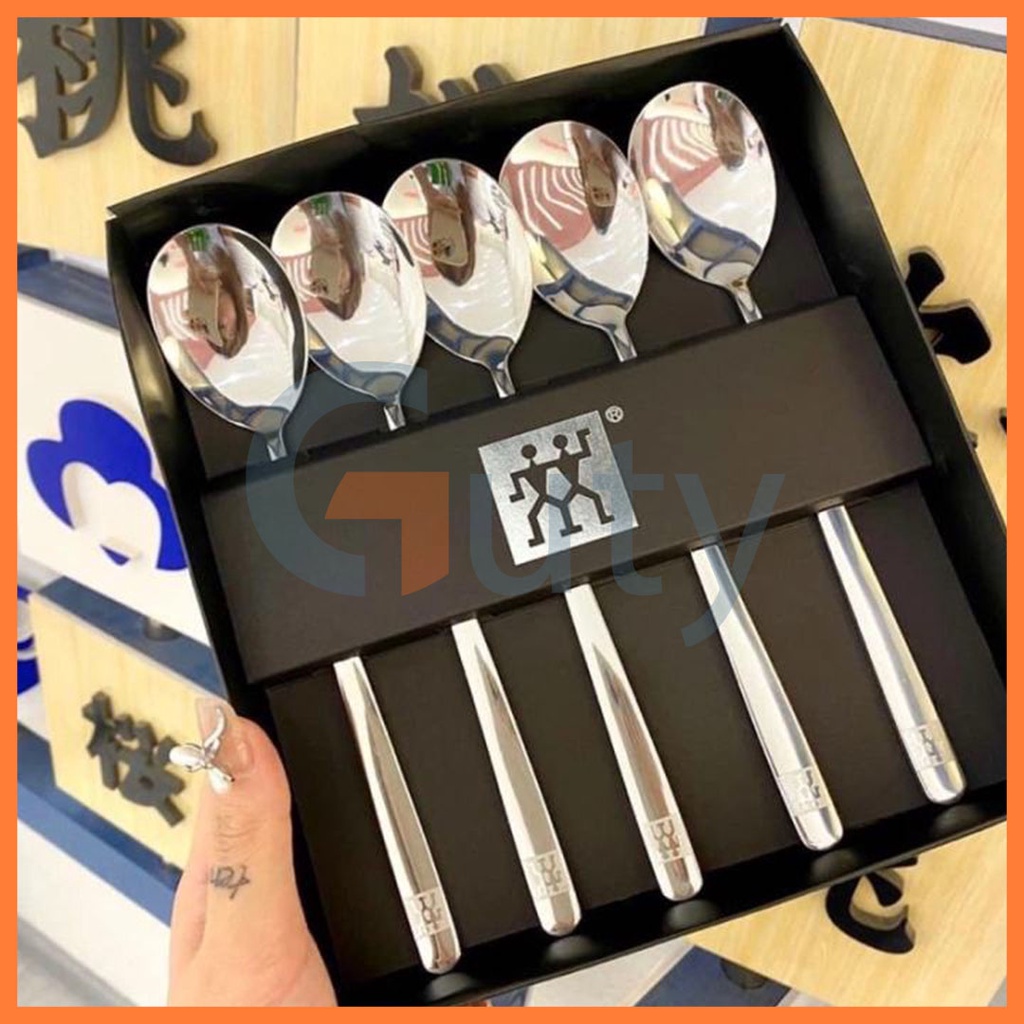 Hộp 5 thìa muỗng inox zwilling bền đẹp tiện lợi có hợp đựng kèm, thìa cà phê, thìa inox, thìa hot, thìa đẹp - Guty Home