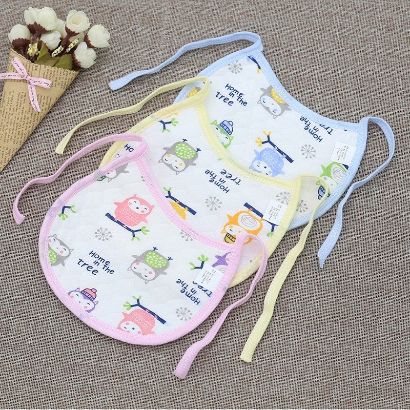 Yếm Ăn Dặm Cotton Trần Bông Chống Thấm Nước Họa Tiết Hình Cú Mèo Cho Bé