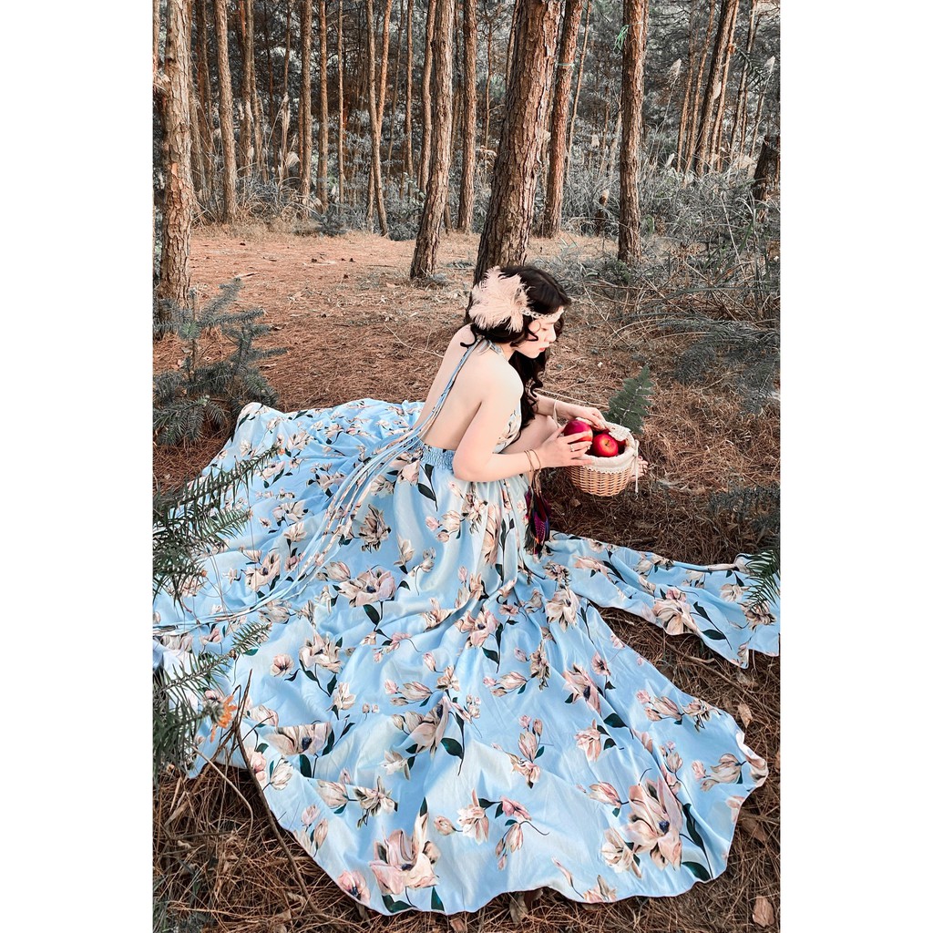 [Combo Sale] Đầm Maxi hoa xanh dương nhẹ nhàng, dây buộc hở lưng cực đẹp