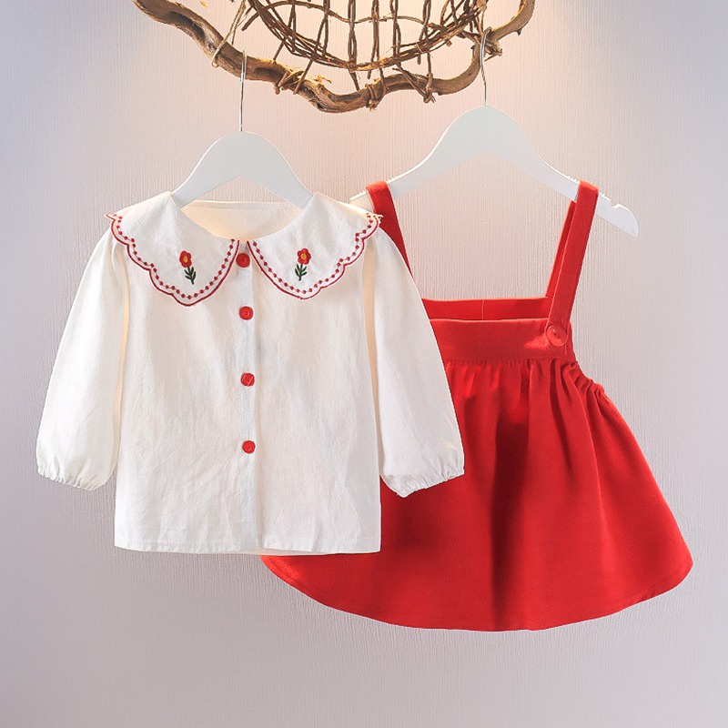 Set Áo Sơ Mi Tay Phồng Thêu Họa Tiết + Đầm Yếm Thời Trang Mùa Thu Xinh Xắn Cho Bé Gái
