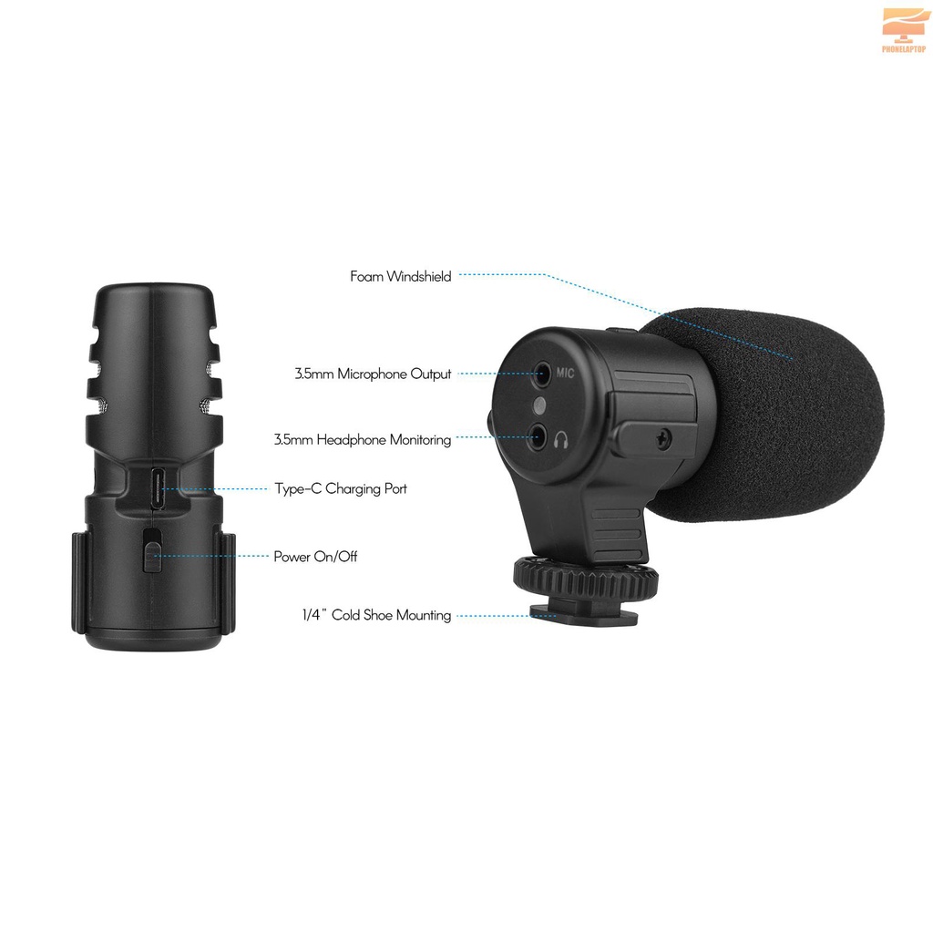 On-camera Cardioid Video Record Microphone with 3.5mm Monitoring Jack Volume Control Foam Windshield 1/4-inch Cold Shoe Mount with Built-in 110mAh Battery for DSLR Camera Recording