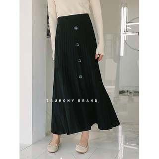 Chân váy len A xòe midi dáng dài đính khuy Vintage style Hàn Quốc cạp chun lưng cao dáng dài qua gối - Trumomy