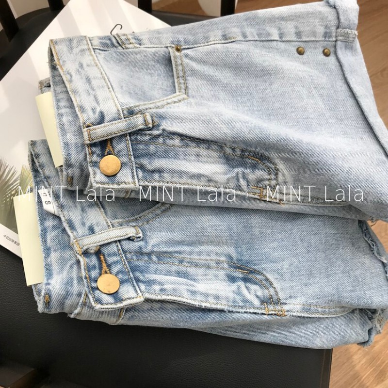 Quần Short Jean Nữ Rách Nhẹ Cạp Cao Màu Xanh Bạc