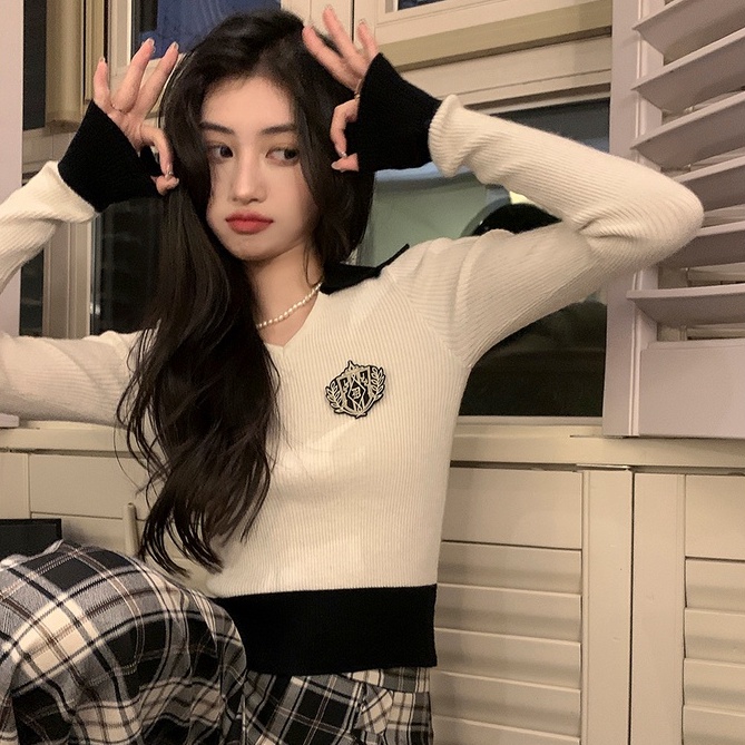 Áo croptop ZHELIHANGFEI vải len tay dài cổ polo phong cách trẻ trung cá tính dễ phối đồ