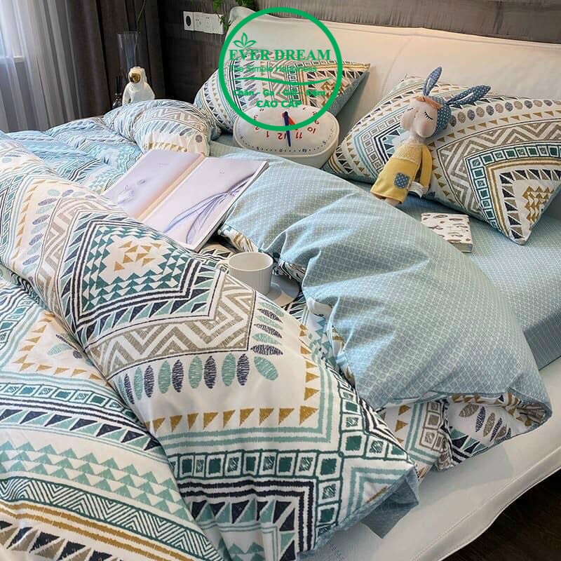 Chăn ga gối Everdream 118 Thổ cẩm xanh 100% cotton living nhập khẩu, cao cấp, đủ mọi kích thước