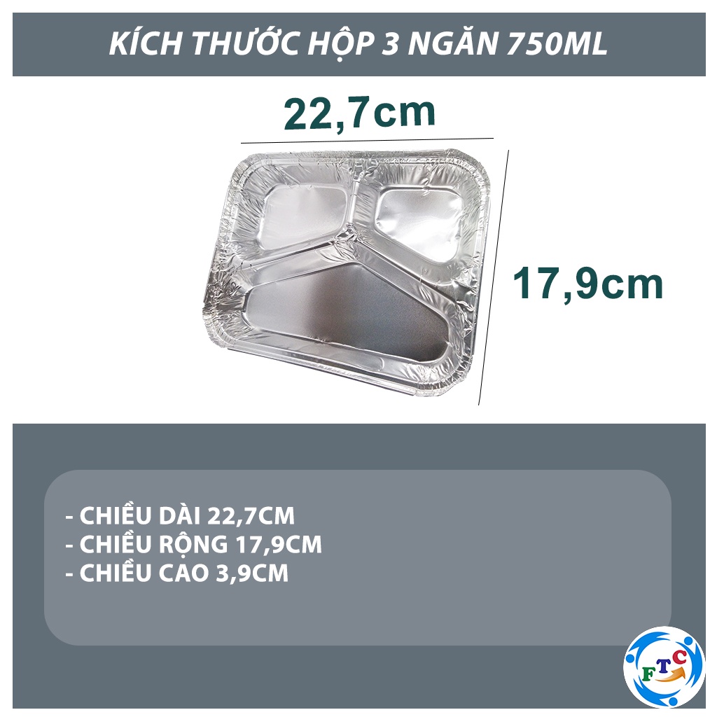 Set 10 khay nhôm 750ml Ftc hộp nhôm 3 ngăn đựng thức ăn có nắp thân thiện với môi trường MS227