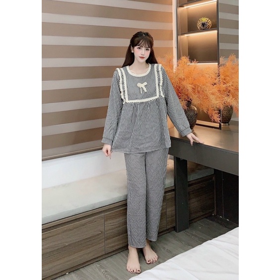 Bộ pijama Hoạ tiết kẻ ô phối ren dành cho bầu và sau sinh mặc nhà siêu thoải mái