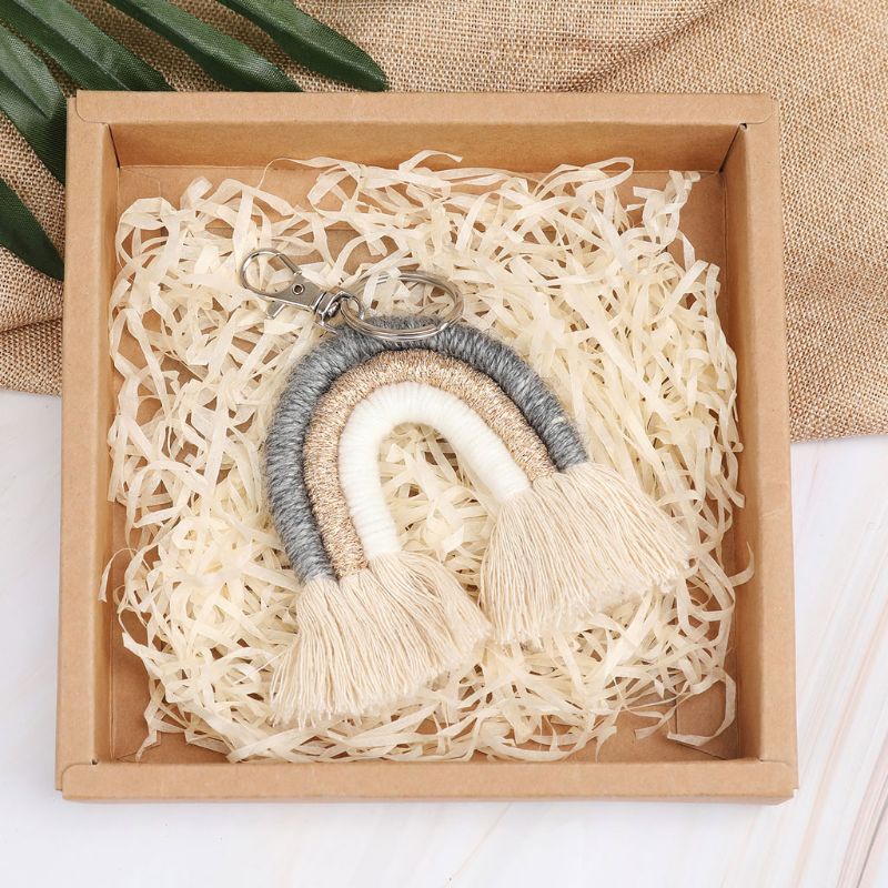 Móc khóa dây bện màu cầu vồng tua rua Macrame cho nữ