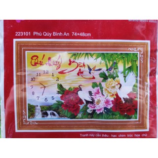 Tranh thêu chữ thập đồng hồ phú quý bình an 223101
