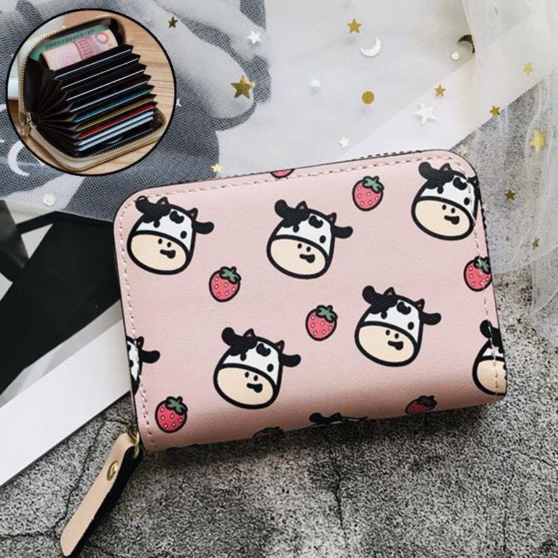 Ví Da Mini Cầm Tay 10 Ngăn Hoạ Tiết Bò Sữa Xinh Xắn Phong Cách Hàn Quốc (Khoá Kéo Xịn Sò)