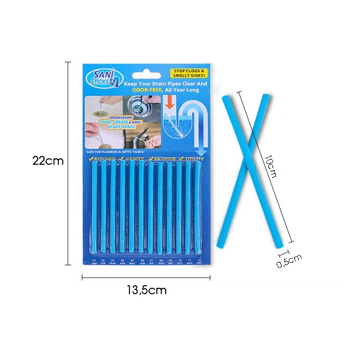 Que Chống Tắc Bồn Rửa Chén Bát, Rửa Mặt, Bồn Cầu SANI STICKS Vĩ 12Que - Loại Bỏ Cặn Bẩn, Thông Đường Ống Thoát Nước