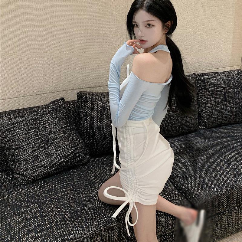 Đầm dây ngắn ôm dáng không tay xếp nếp dây rút/Áo thun dáng ôm tay dài trễ vai cổ yếm cho nữ