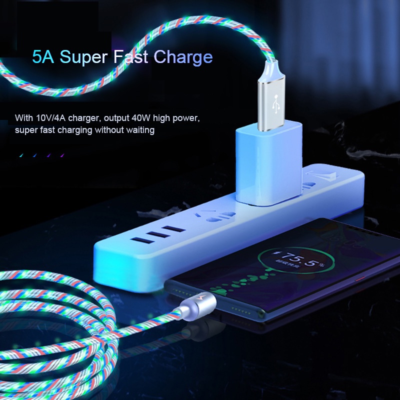 Dây Cáp Sạc Nhanh USB Loại C 5A Có Đèn LED Phát Sáng Nhiều Màu Sắc Dành Cho Điện Thoại Di Động