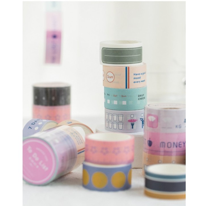 Set 3 washi tape kế hoạch ngày, tháng, năm băng keo giấy trang trí màu pastel