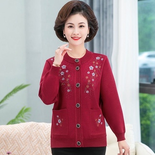 Áo cardigan len, Áo khoác len trung niên dệt kim thêu hoa cài cúc, Full size- Món quà tặng bà tặng mẹ, áo len lót lông