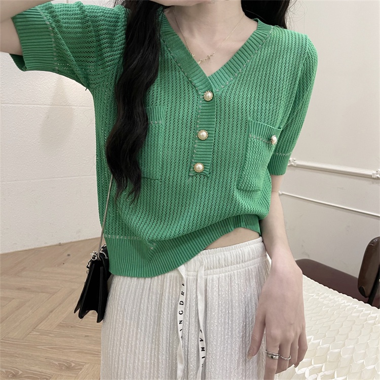 SUXI Áo Thun Dệt Kim Tay Ngắn Cổ Chữ V Màu Sắc Trơn Phong Cách Hàn Quốc Cho Nữ