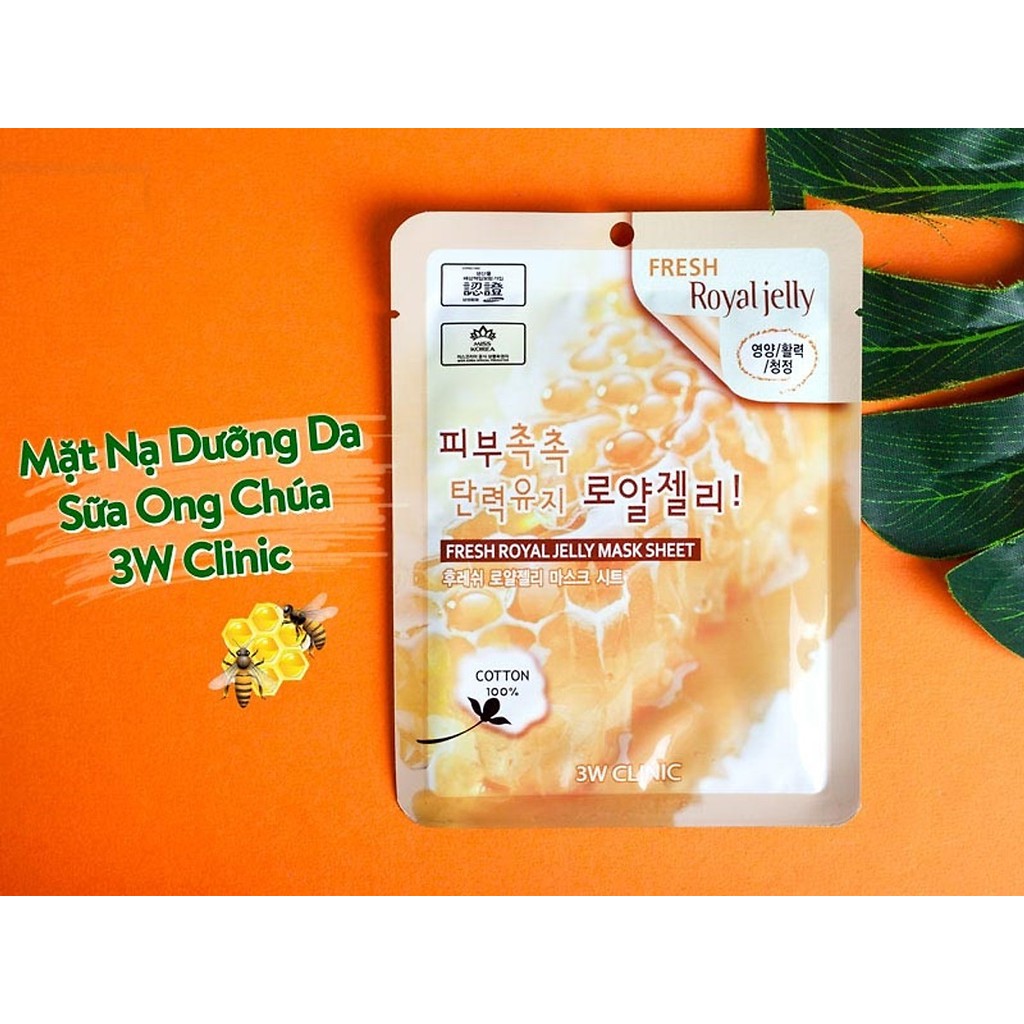 Combo 10 Mặt nạ dưỡng da sữa ong chúa 3W CLINIC FRESH ROYAL JELLY MASK SHEET 23ml - Hàn Quốc Chính Hãng