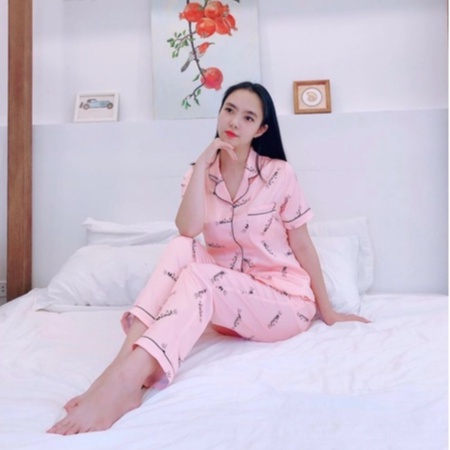 Bộ ngủ satin ZAM Luxury - CLY - áo ngắn tay quần dài hoạ tiết