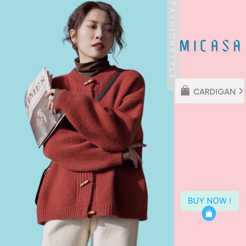 Áo cardigan cổ tròn khuy gỗ hình trụ độc đáo vintage phong cách hàn quốc